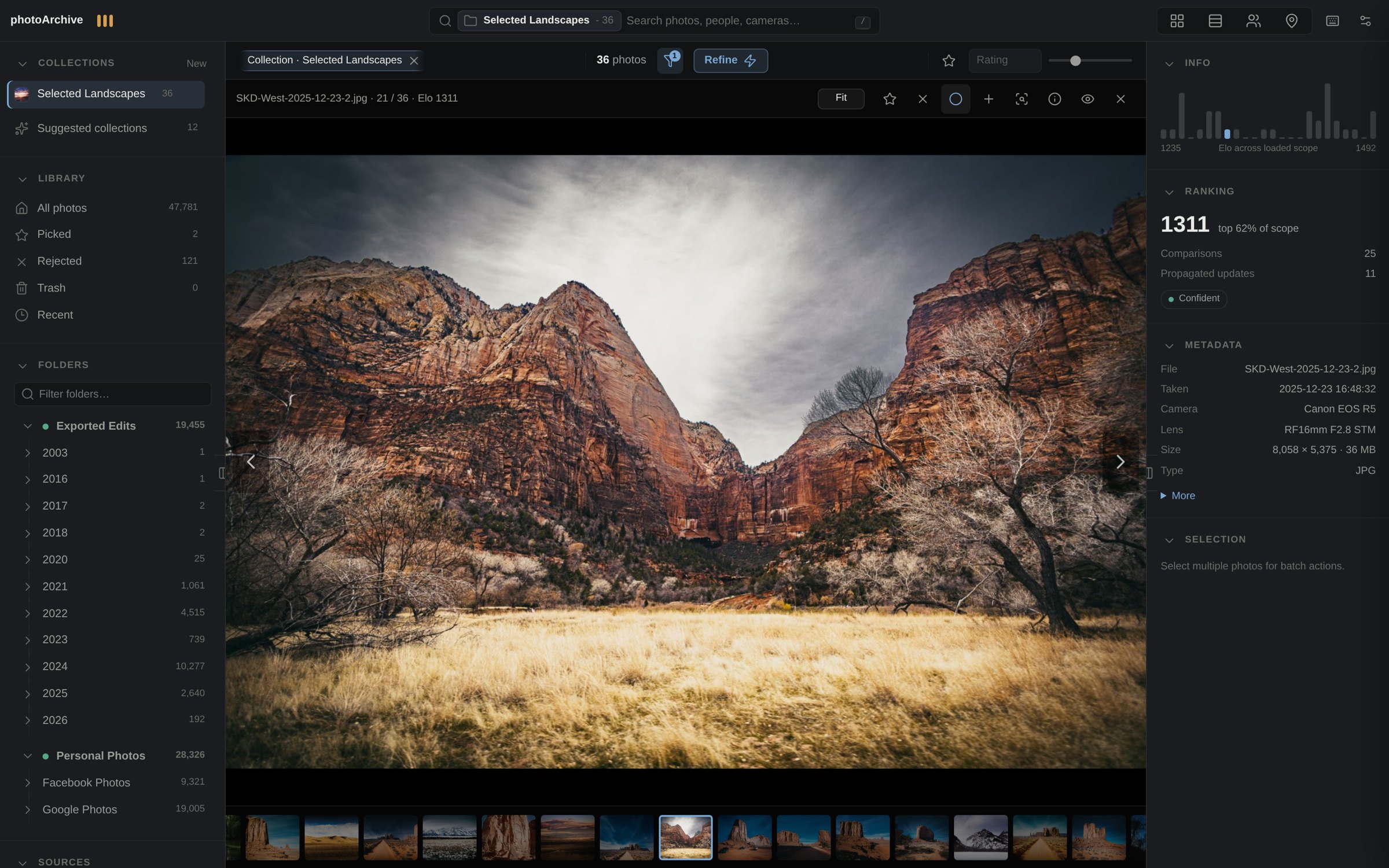 Loupe view with live metadata, Elo ranking and histogram panels beside a Zion canyon photograph