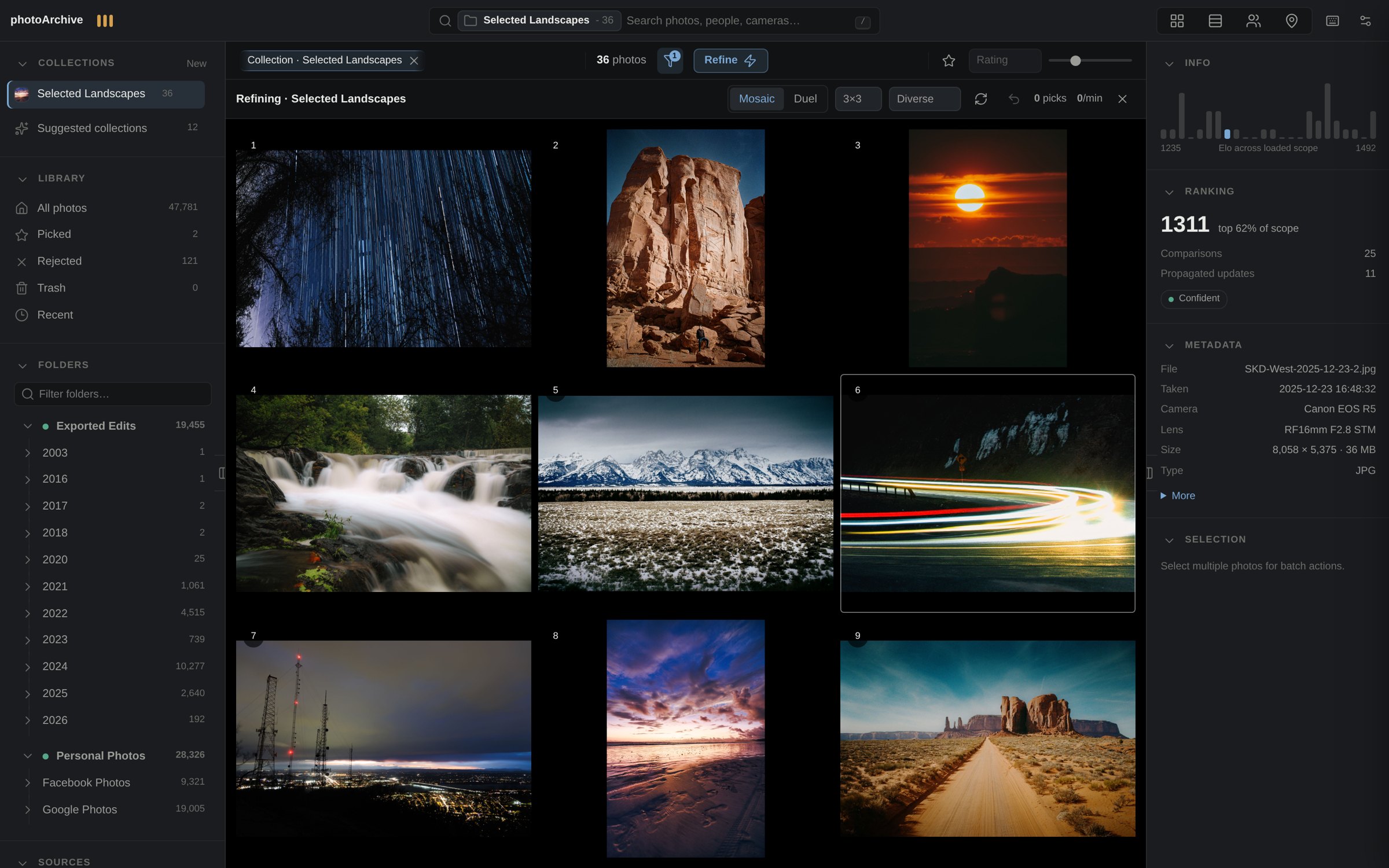 Refine mosaic view presenting nine landscape photos for a ranking pick